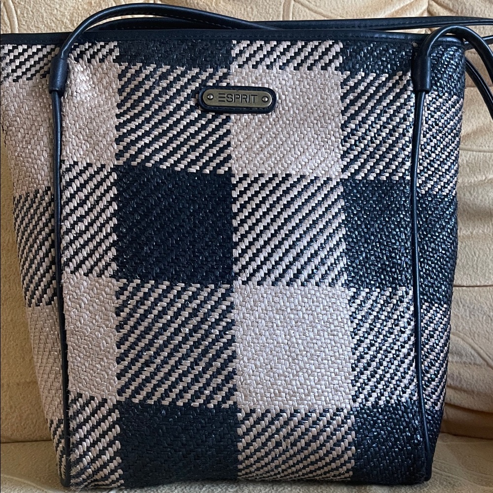 Esprit Black and Cream Plaid Tote Bag